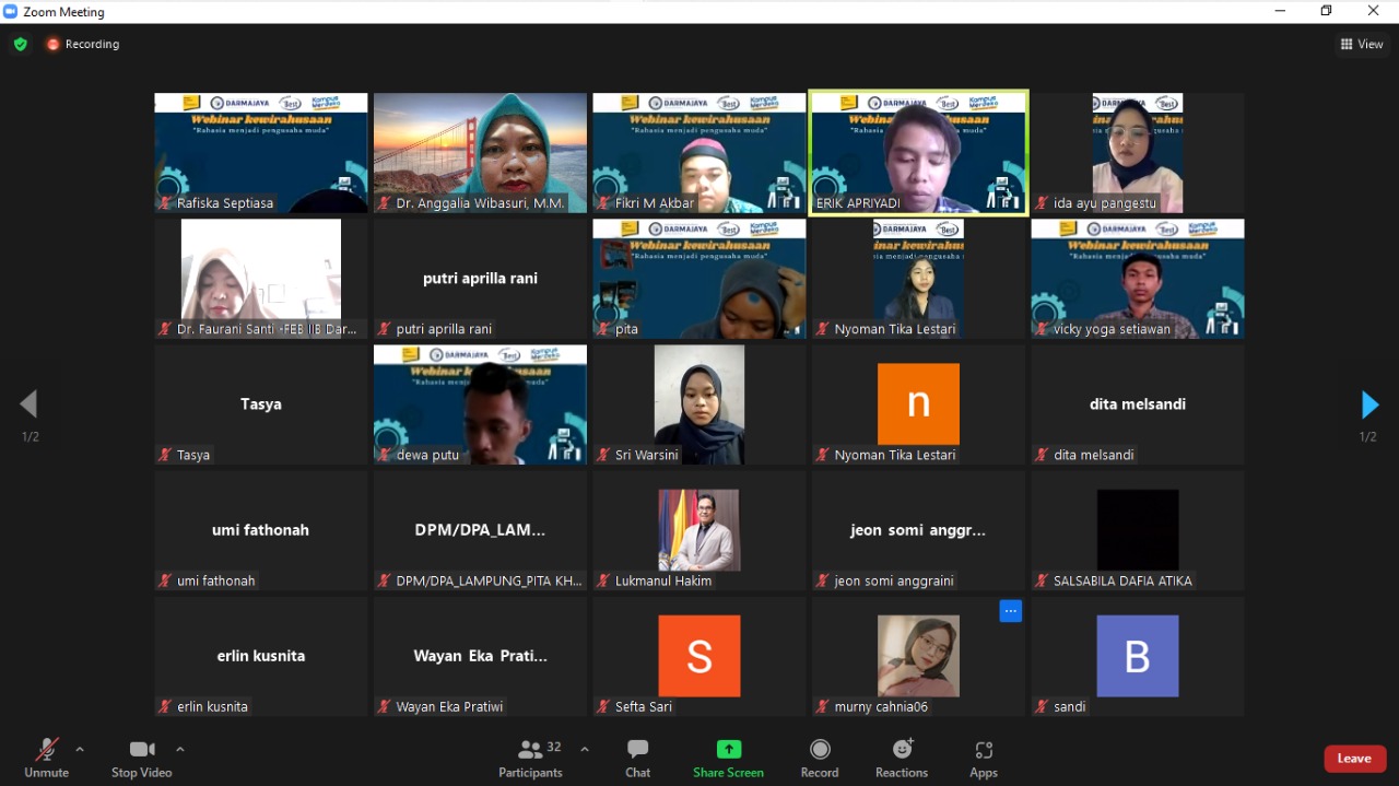 Mahasiswa Prodi Manajemen Kampus ini Gelar Webinar Kewirausahaan “Rahasia menjadi Pengusaha Muda” Mahasiswa Prodi Manajemen Kampus ini Gelar Webinar Kewirausahaan “Rahasia menjadi Pengusaha Muda”