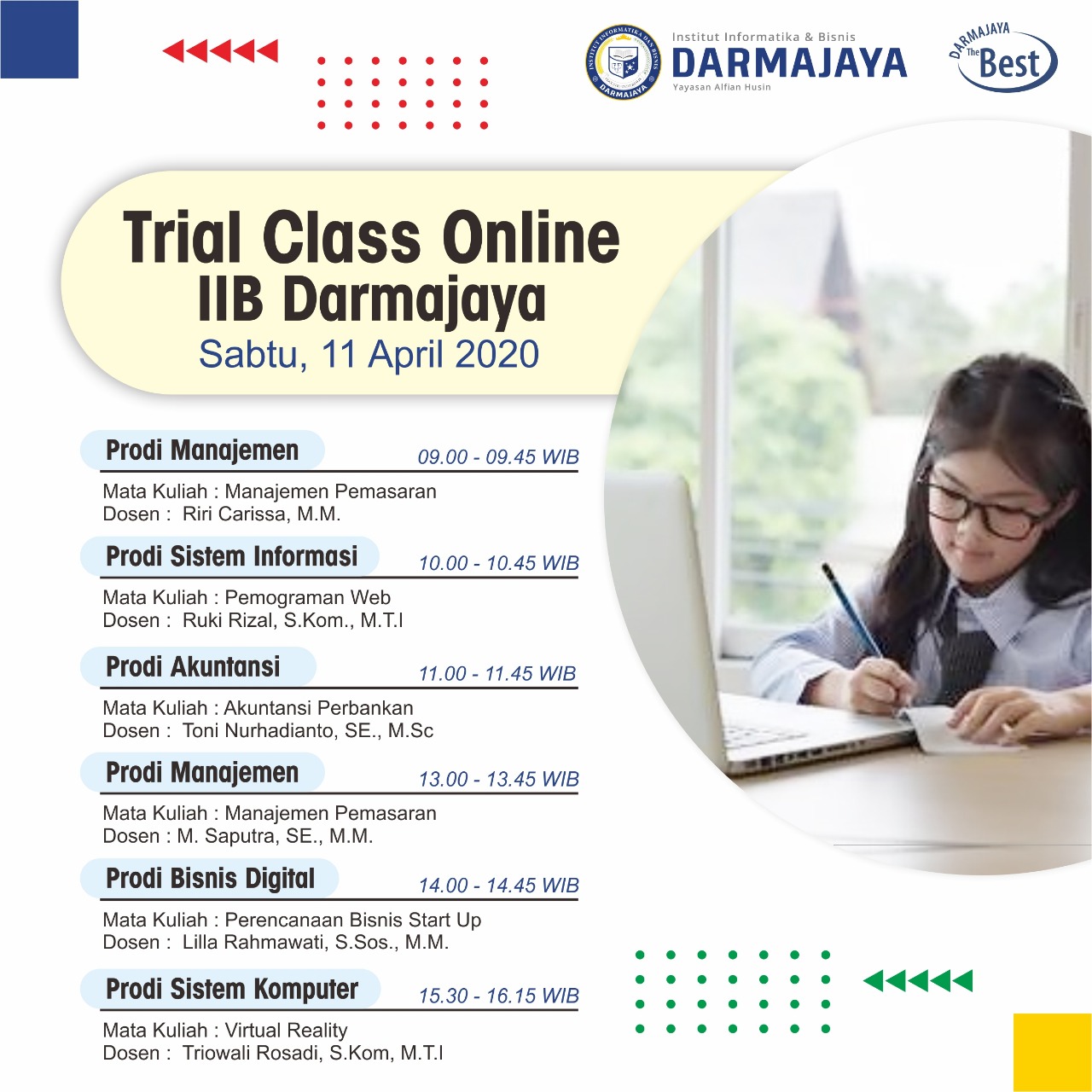 Kenalkan Perkuliahan, IIB Darmajaya Siapkan Trial Class Online Pelajar SMA/K Kenalkan Perkuliahan, IIB Darmajaya Siapkan Trial Class Online Pelajar SMA/K